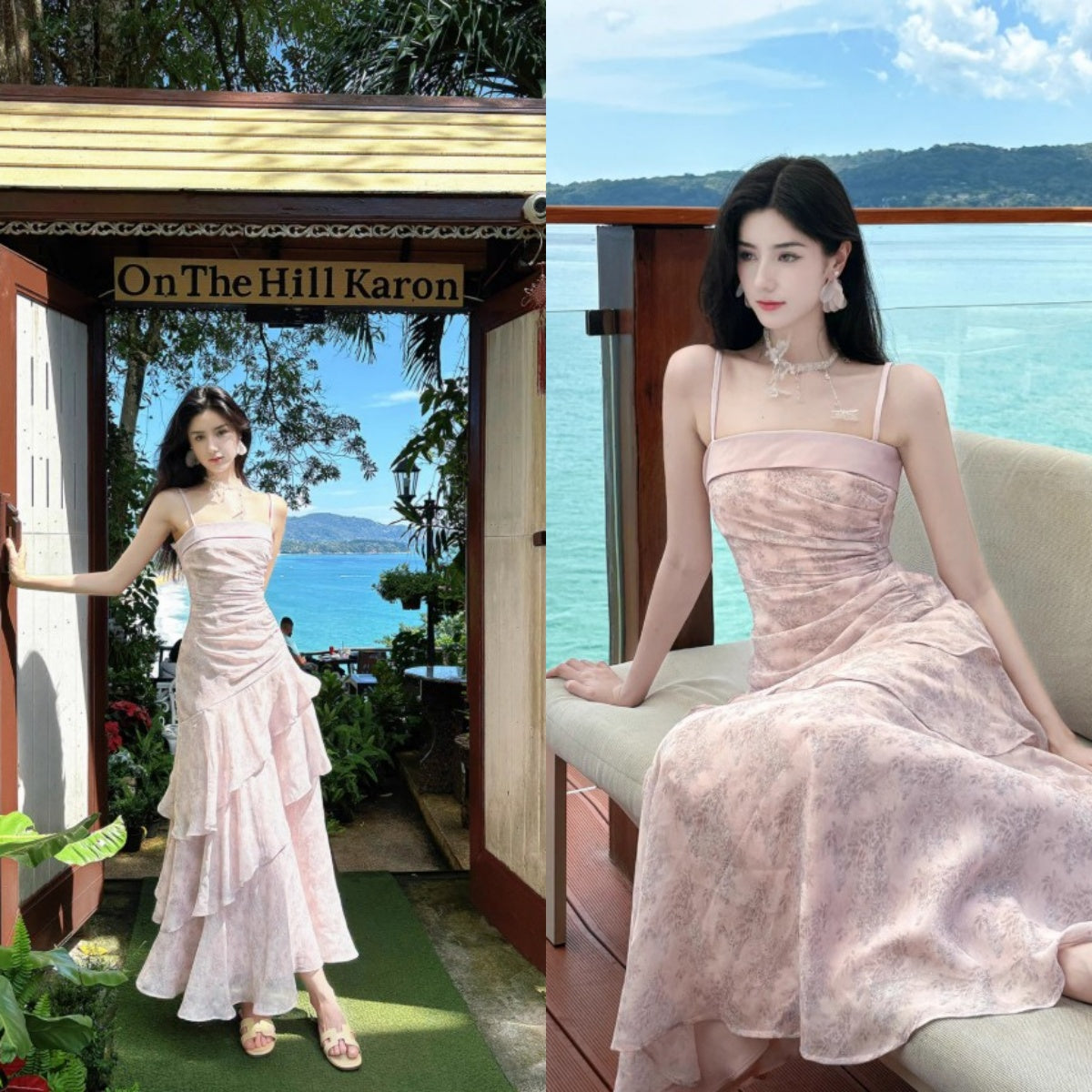 Pink Spaghetti Straps Long Prom Dress Formal Dresses Chiffon Ruffles Layered Stunning 18th Birthday Party Dresses HZ1024