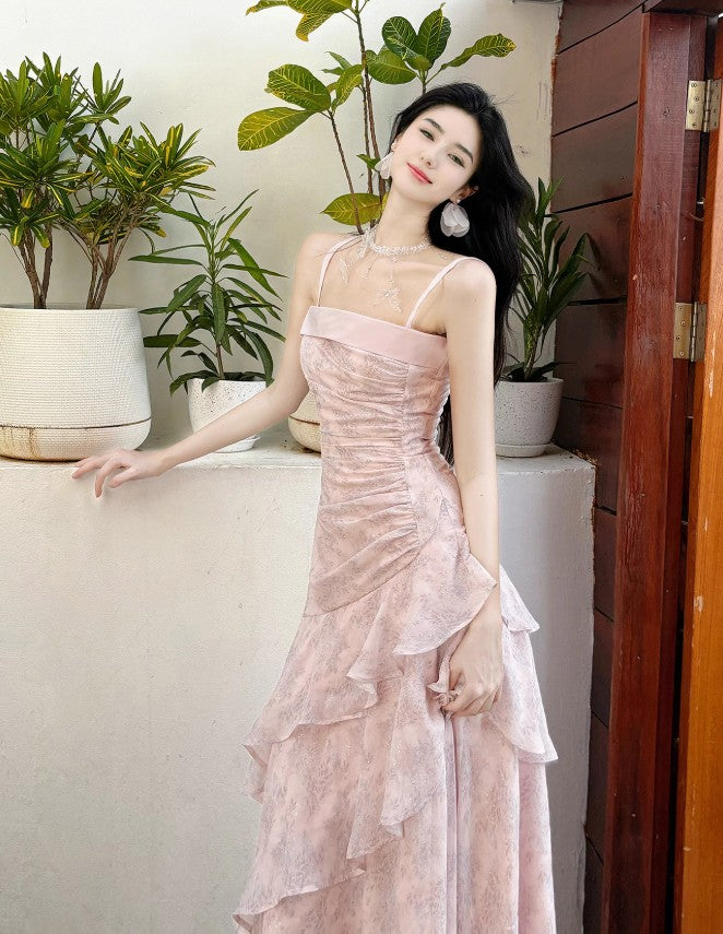 Pink Spaghetti Straps Long Prom Dress Formal Dresses Chiffon Ruffles Layered Stunning 18th Birthday Party Dresses HZ1024