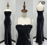 Black Spaghetti Strap Mermaid Satin Long Prom Dresses HZ1024