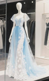 Sky Blue Sweetheart Neck Tulle Lace Beaded A-Line Wedding Dress Long Prom Dresses HZ1024
