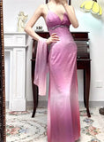 Retro Gradient Fuchsia Spaghetti Straps Satin Open Back Elegant Long Prom Dresses HZ1024