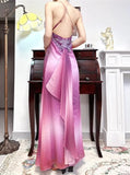 Retro Gradient Fuchsia Spaghetti Straps Satin Open Back Elegant Long Prom Dresses HZ1024