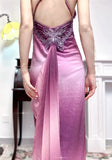 Retro Gradient Fuchsia Spaghetti Straps Satin Open Back Elegant Long Prom Dresses HZ1024