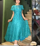Turquoise Round Neck Lace Chiffon A-Line Party Dress HZ1024