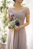 Purple Tulle A-Line V-Neck Bridesmaid Dress Prom Dresses HZ1024