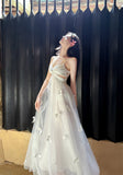 Pearl Butterfly Tulle White French A-Line Spaghetti Straps Birthday Dresses HZ1024