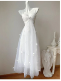 Pearl Butterfly Tulle White French A-Line Spaghetti Straps Birthday Dresses HZ1024