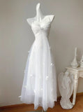 Pearl Butterfly Tulle White French A-Line Spaghetti Straps Birthday Dresses HZ1024