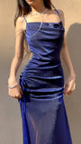 Blue Shiny Silk Mermaid Dress Swing Neck Luxurious Birthday Party Dress HZ1024