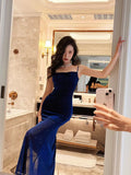 Blue Shiny Silk Mermaid Dress Swing Neck Luxurious Birthday Party Dress HZ1024
