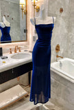 Blue Shiny Silk Mermaid Dress Swing Neck Luxurious Birthday Party Dress HZ1024