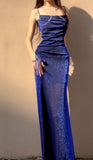 Blue Shiny Silk Mermaid Dress Swing Neck Luxurious Birthday Party Dress HZ1024