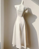 Light Champagne Spaghetti Strap Satin A-Line Bridal Dress Elegant Wedding Guest Dress HZ1024
