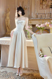 Light Champagne Spaghetti Strap Satin A-Line Bridal Dress Elegant Wedding Guest Dress HZ1024