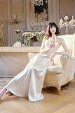 Light Champagne Spaghetti Strap Satin A-Line Bridal Dress Elegant Wedding Guest Dress HZ1024