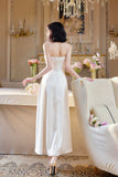 Light Champagne Spaghetti Strap Satin A-Line Bridal Dress Elegant Wedding Guest Dress HZ1024