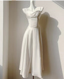 Light Champagne Spaghetti Strap Satin A-Line Bridal Dress Elegant Wedding Guest Dress HZ1024