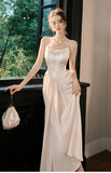 Champagne French Pearl Pendant Party Dress Satin Spaghetti Straps Chiffon Birthday Dress HZ1024