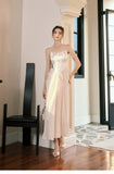 Champagne French Pearl Pendant Party Dress Satin Spaghetti Straps Chiffon Birthday Dress HZ1024
