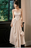 Champagne French Pearl Pendant Party Dress Satin Spaghetti Straps Chiffon Birthday Dress HZ1024