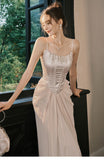 Champagne French Pearl Pendant Party Dress Satin Spaghetti Straps Chiffon Birthday Dress HZ1024