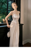 Champagne French Pearl Pendant Party Dress Satin Spaghetti Straps Chiffon Birthday Dress HZ1024