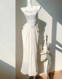 Champagne French Pearl Pendant Party Dress Satin Spaghetti Straps Chiffon Birthday Dress HZ1024