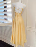 Butter Yellow Spaghetti Strap A-Line Birthday Dress Elegant Backless Party Dress HZ1024