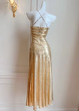 Gold Sequin Spaghetti Strap A-Line Evening Dress Backless Sparkling Birthday Party Dress HZ1024