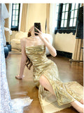 Gold Sequin Spaghetti Strap A-Line Evening Dress Backless Sparkling Birthday Party Dress HZ1024