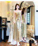 Gold Sequin Spaghetti Strap A-Line Evening Dress Backless Sparkling Birthday Party Dress HZ1024