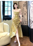 Gold Sequin Spaghetti Strap A-Line Evening Dress Backless Sparkling Birthday Party Dress HZ1024