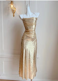 Gold Sequin Spaghetti Strap A-Line Evening Dress Backless Sparkling Birthday Party Dress HZ1024