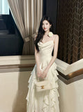 Birthday Evening Gowns Off-White Spaghetti Straps Chiffon Ruffles A-Line Prom Dresses HZ1024