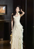 Birthday Evening Gowns Off-White Spaghetti Straps Chiffon Ruffles A-Line Prom Dresses HZ1024