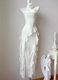 Birthday Evening Gowns Off-White Spaghetti Straps Chiffon Ruffles A-Line Prom Dresses HZ1024
