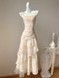 French Ruffle Print Spaghetti Strap Dress Fashion Mermaid Party Dress HZ1024