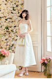 Moonlight White Strapless A-Line Jacquard Satin Evening Gowns Elegant Birthday Prom Dresses HZ1024
