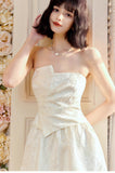 Moonlight White Strapless A-Line Jacquard Satin Evening Gowns Elegant Birthday Prom Dresses HZ1024