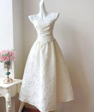 Moonlight White Strapless A-Line Jacquard Satin Evening Gowns Elegant Birthday Prom Dresses HZ1024