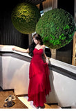 Red Spaghetti Strap Chiffon Ruffles A-Line Prom Dresses Gorgeous Birthday Party Dress HZ1024