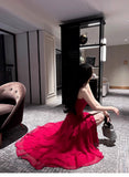 Red Spaghetti Strap Chiffon Ruffles A-Line Prom Dresses Gorgeous Birthday Party Dress HZ1024