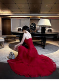Red Spaghetti Strap Chiffon Ruffles A-Line Prom Dresses Gorgeous Birthday Party Dress HZ1024