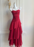 Red Spaghetti Strap Chiffon Ruffles A-Line Prom Dresses Gorgeous Birthday Party Dress HZ1024