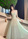 Green Tulle Spaghetti Strap A-Line Birthday Prom Dress Sweet 16 Evening Gowns HZ1024