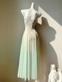 Green Tulle Spaghetti Strap A-Line Birthday Prom Dress Sweet 16 Evening Gowns HZ1024