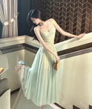 Green Tulle Spaghetti Strap A-Line Birthday Prom Dress Sweet 16 Evening Gowns HZ1024