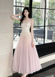 Pink Purple Lace Tulle Spaghetti Strap A-Line Prom Dresses HZ1024