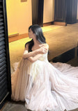 Pink Purple Lace Tulle Spaghetti Strap A-Line Prom Dresses HZ1024