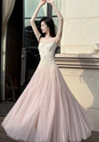 Pink Purple Lace Tulle Spaghetti Strap A-Line Prom Dresses HZ1024